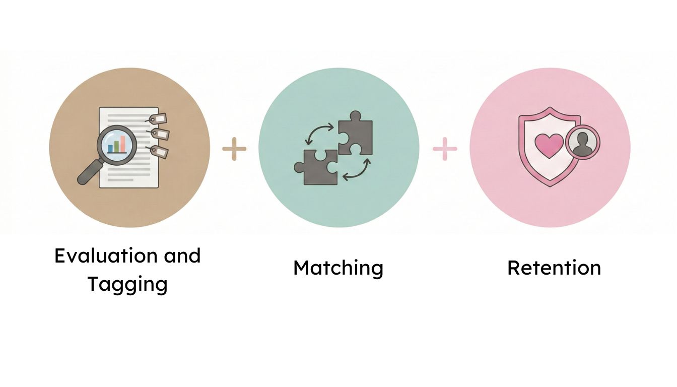 Evaluation-tagging-matching-retention Evaluation, tagging, matching and retention